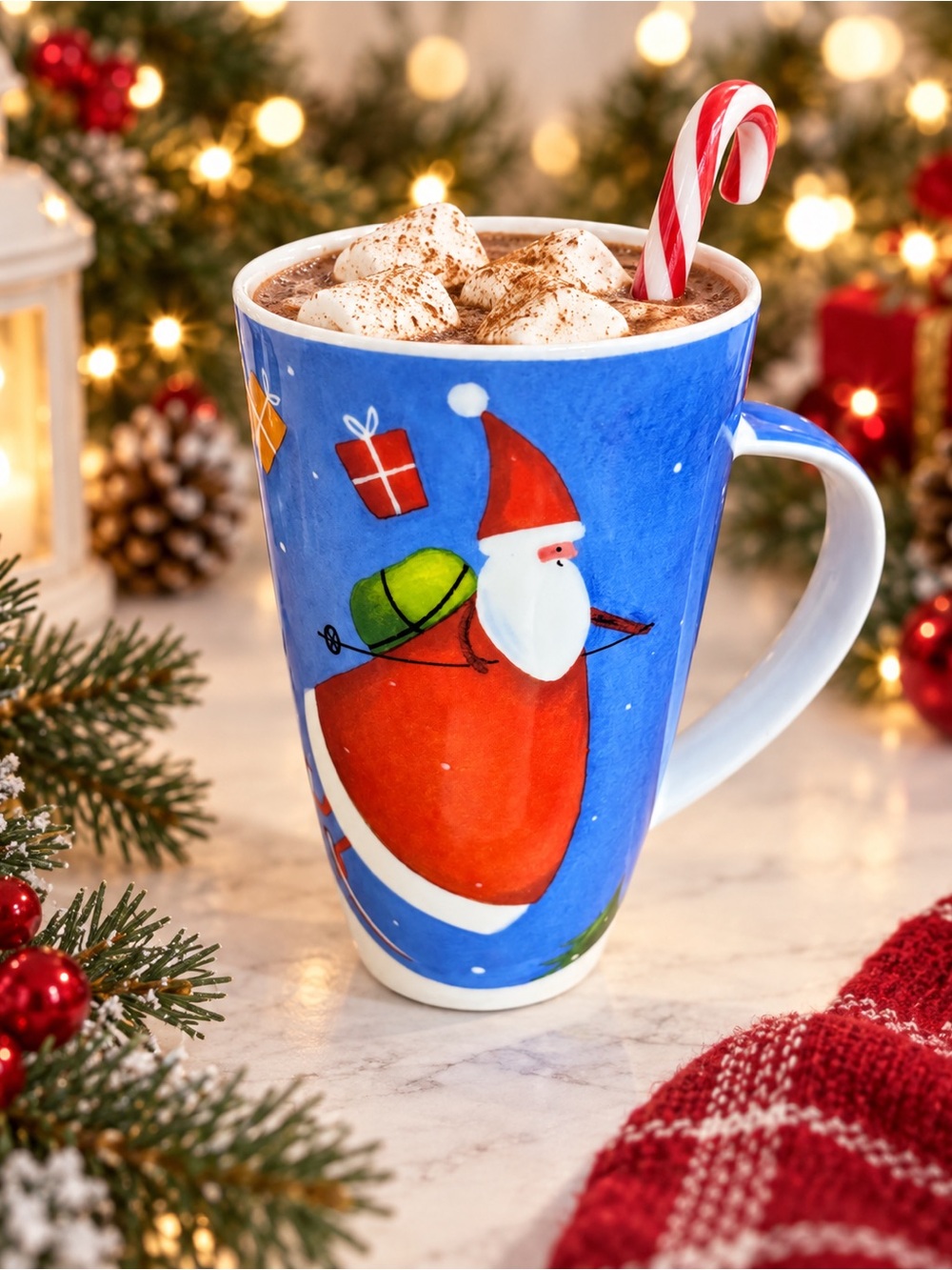 Dunoon Piste at Xmas Santa Reindeer Fine Bone China Mug England 16 ounces